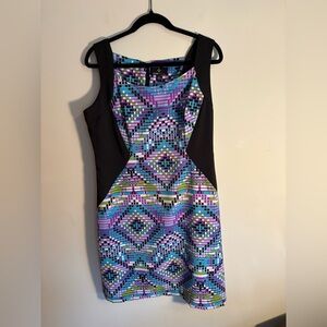Ronni Nicole Black Sheath Sleeveless Dress with multi color geometric panels.